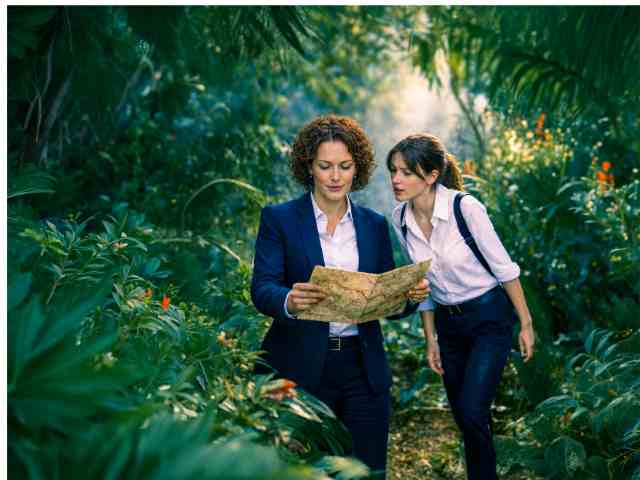 Due donne cercando di orientarsi con una mappa in una giungla