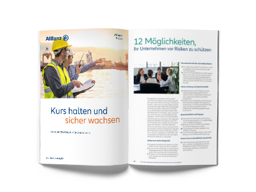 Papierstapel mit Vorschau des Ratgebers "Kurs halten und sicher wachsen" von Allianz Trade