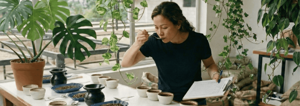 a woman tasting coffee