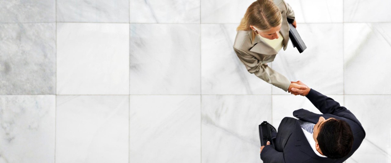 Busineswoman and businessman shaking hands top view