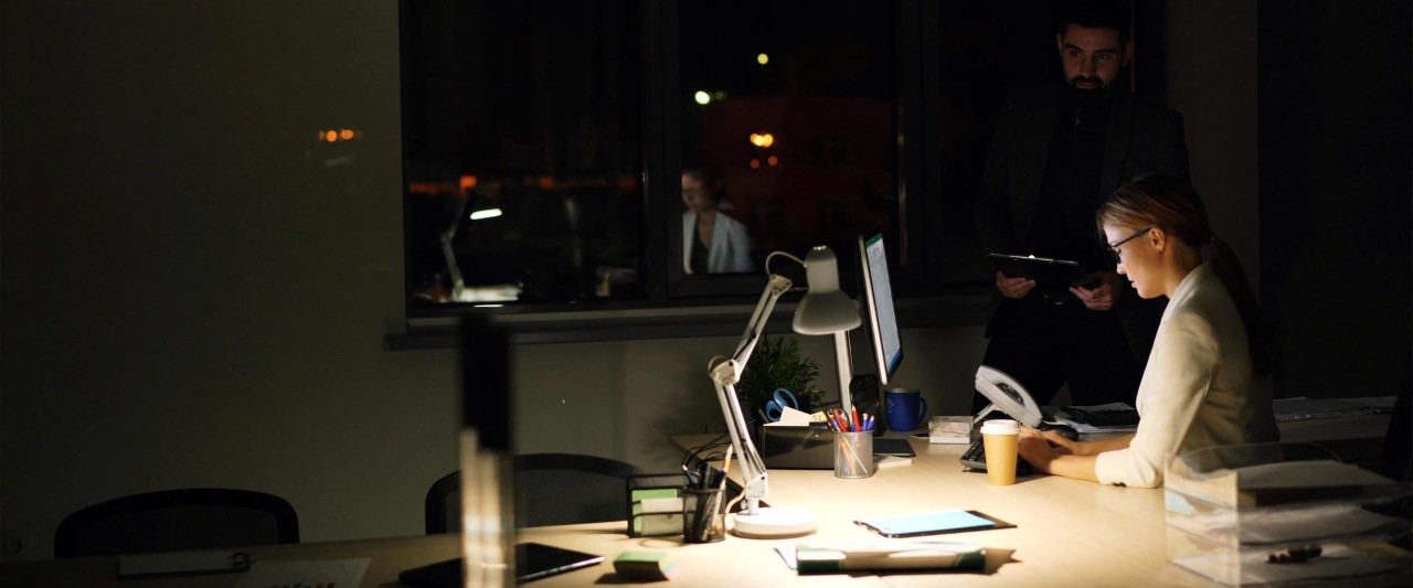working in the night in the office