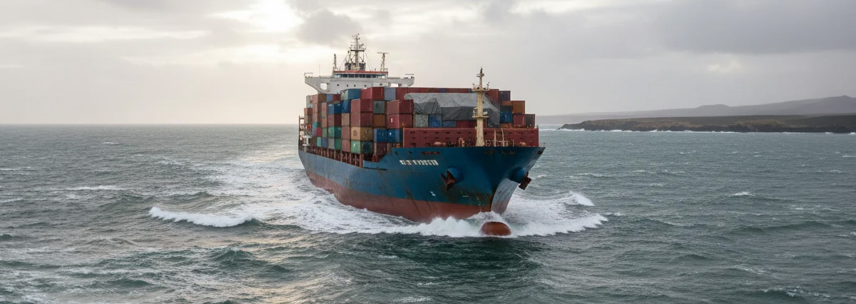 Container ship navigating choppy waters, representing global economic resilience and the 2026-27 trade outlook. 