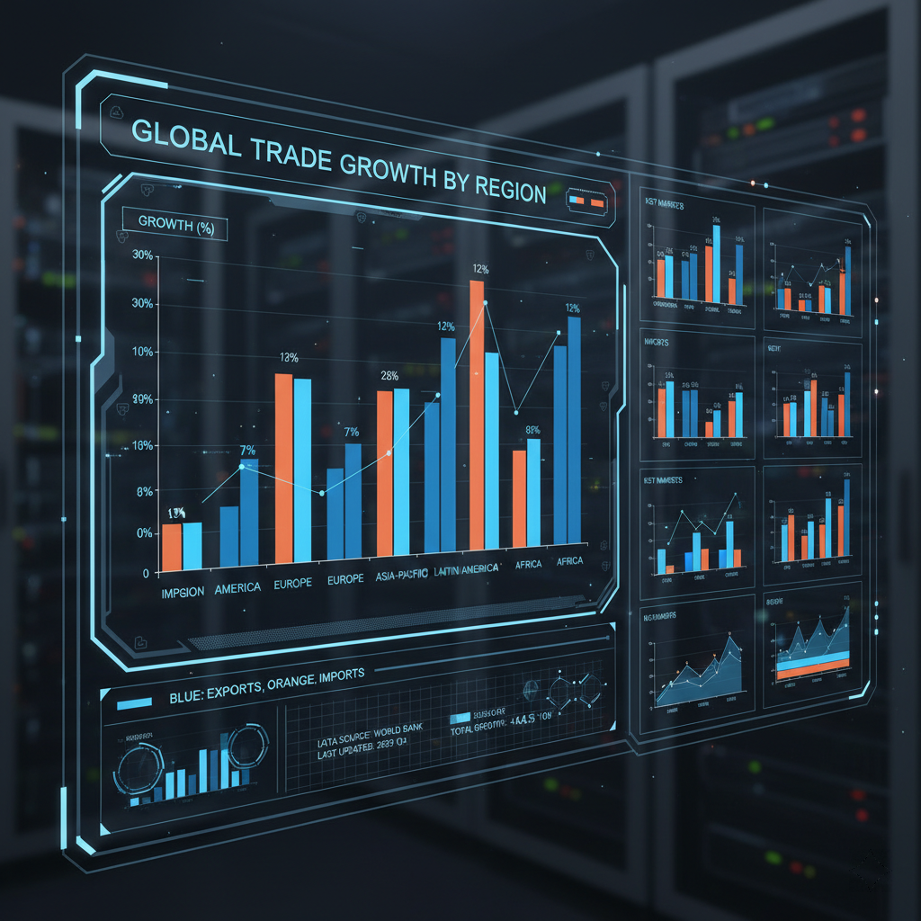 Futuristic digital dashboard displaying global trade growth statistics by region (Americas, Europe, Asia-Pacific), symbolizing the 2026 supply chain resilience data analysis. 