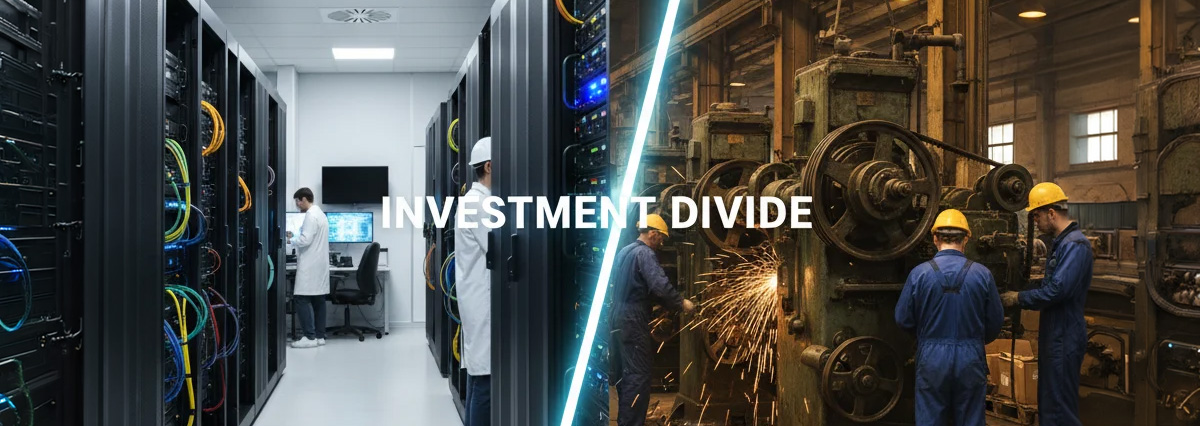 Split-screen visual contrasting a modern high-tech server room with a traditional factory, illustrating the 'Investment Divide' and Capex divergence between technology and automotive sectors. 