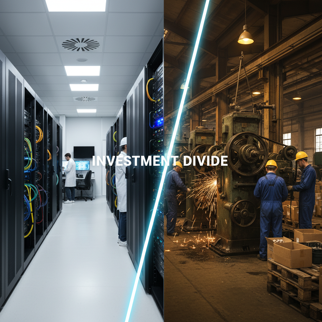 Split-screen visual contrasting a modern high-tech server room with a traditional factory, illustrating the 'Investment Divide' and Capex divergence between technology and automotive sectors. 