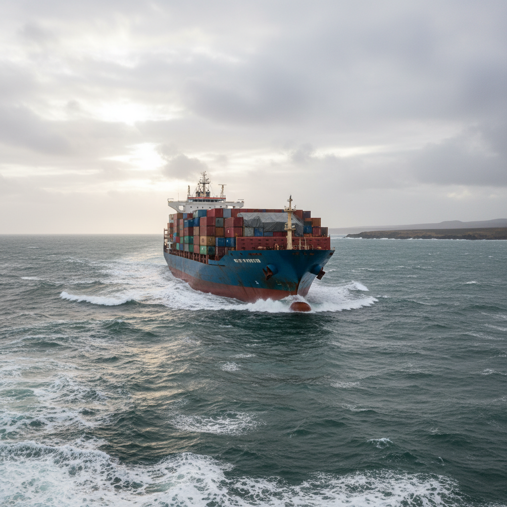 Container ship navigating choppy waters, representing global economic resilience and the 2026-27 trade outlook. 