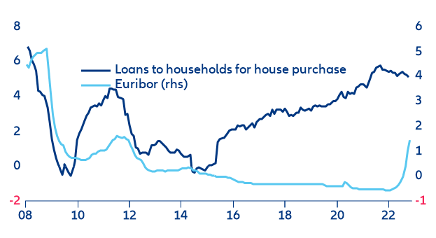 Figure 5: Eurozone credit growth to households for house purchases (y/y %) vs. money market rate