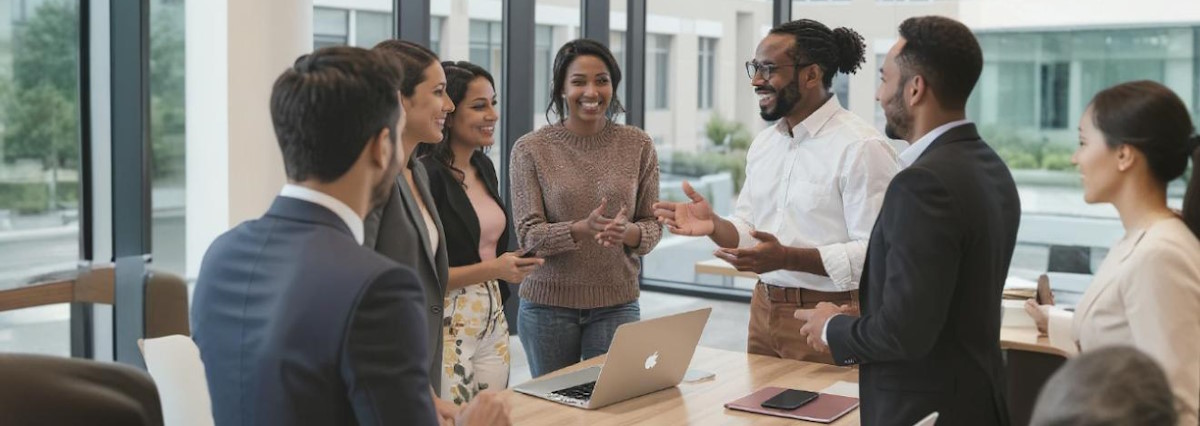 bunch of business people talking in a modern office