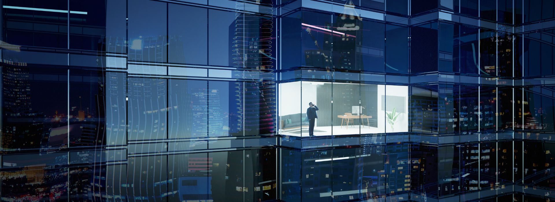 Uomo all'interno di un building finanziario